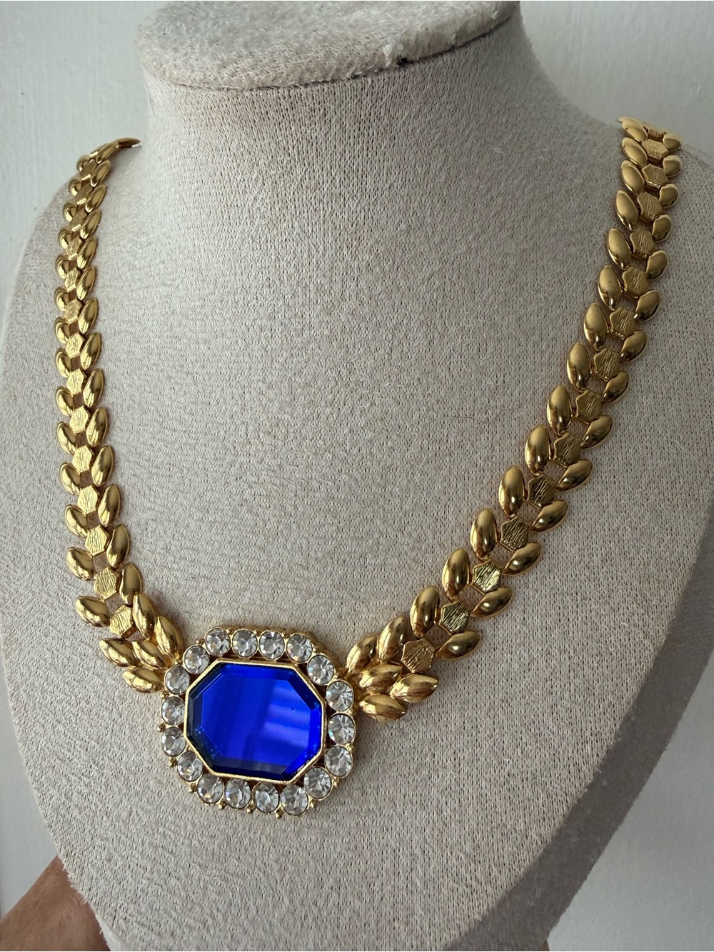 Vintage Gold Chain Necklace with Royal Blue Crystal Center